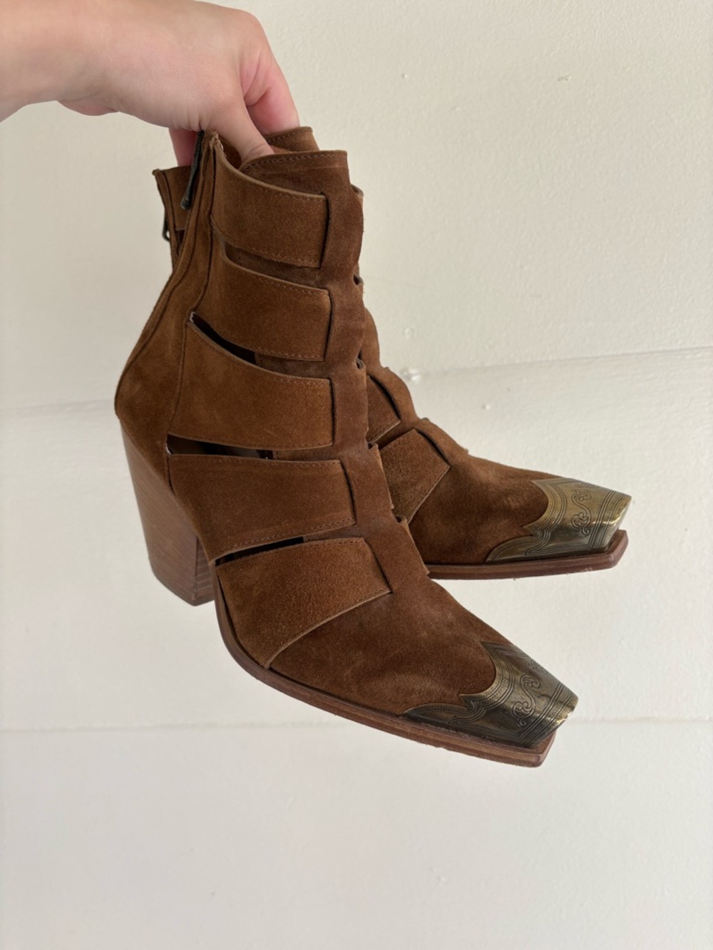 Free People Brayden Fisherman Suede Cutout Ankle cowboy Boots with Gold Toe Cap - Picture 2 of 8